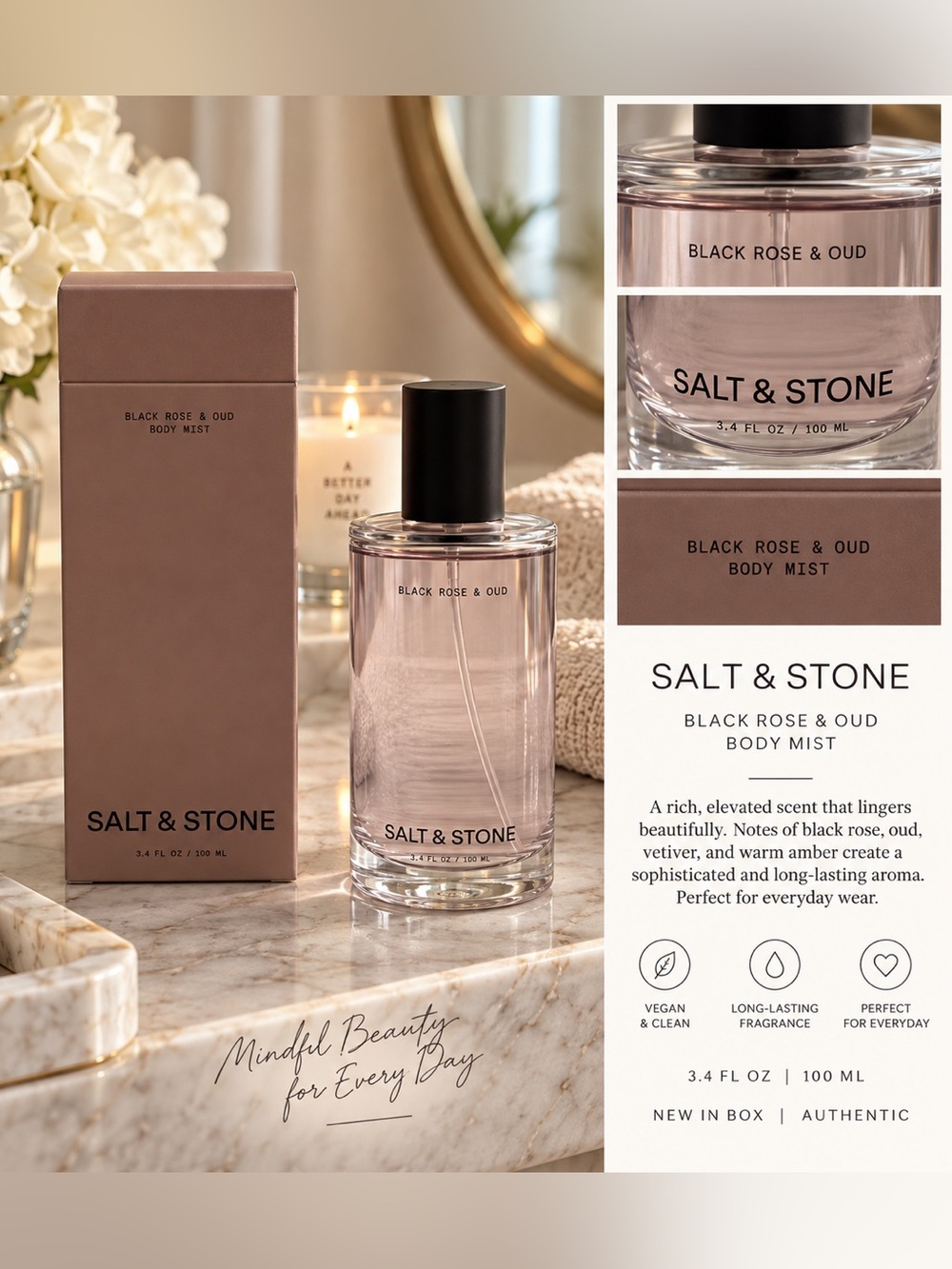 Title: Salt & Stone Black Rose & Oud Body Mist 3.4 oz 100 mL - New in Box